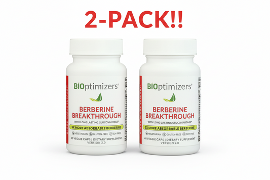 Two bottles of BioOptimizers Berberine Breakthrough supplement on a white background with '2-Pack!' text.