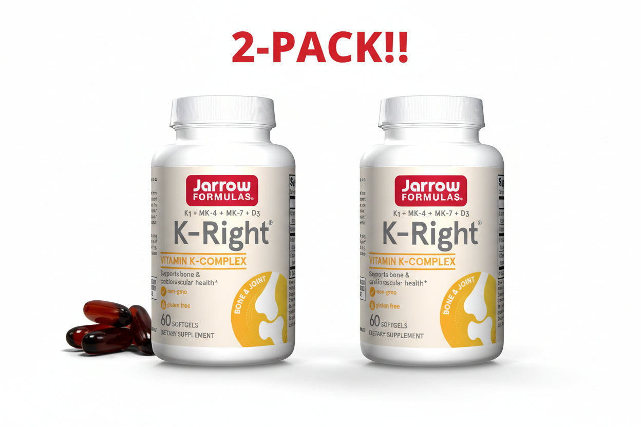 Two bottles of Jarrow Formulas K-Right Vitamin K-Complex standing side-by-side to indicate a Double Pack bundle. Jarrow Formulas K-Right Vitamin K-Complex supplement bottle with capsules on a white background
