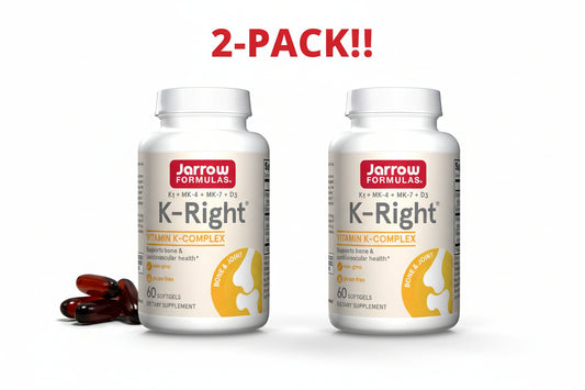 Two bottles of Jarrow Formulas K-Right Vitamin K-Complex standing side-by-side to indicate a Double Pack bundle. Jarrow Formulas K-Right Vitamin K-Complex supplement bottle with capsules on a white background