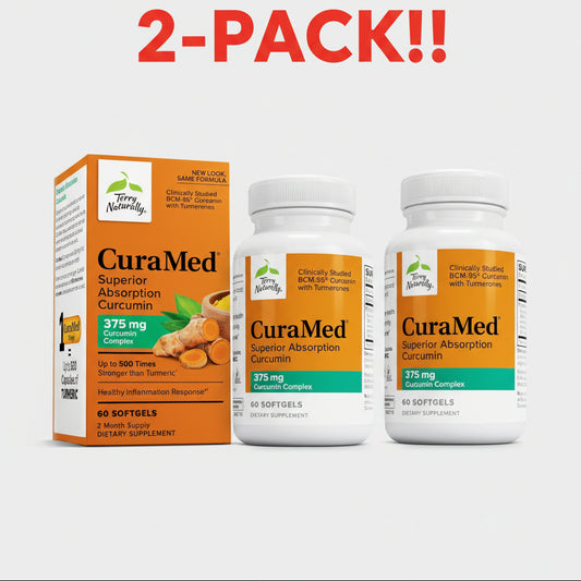 Two CuraMed supplement bottles and packaging on a white background with '2-Pack!' text.