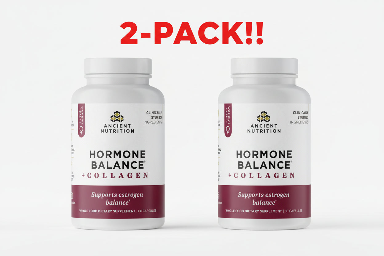 Two bottles of Ancient Nutrition Hormone Balance Collagen on a white background with '2-Pack!!' text.