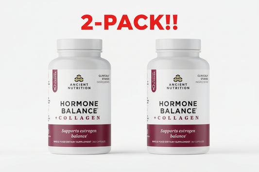 Two bottles of Ancient Nutrition Hormone Balance Collagen on a white background with '2-Pack!!' text.