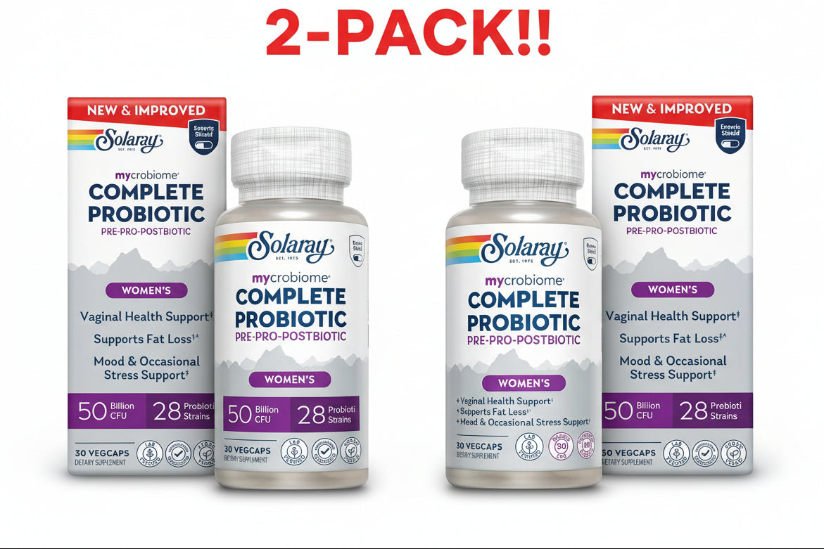 Two bottles and two boxes of Solaray Complete Probiotic on a white background