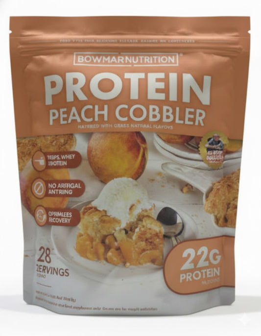 Bowmarnutrition Protein Peach Cobbler package on a white background