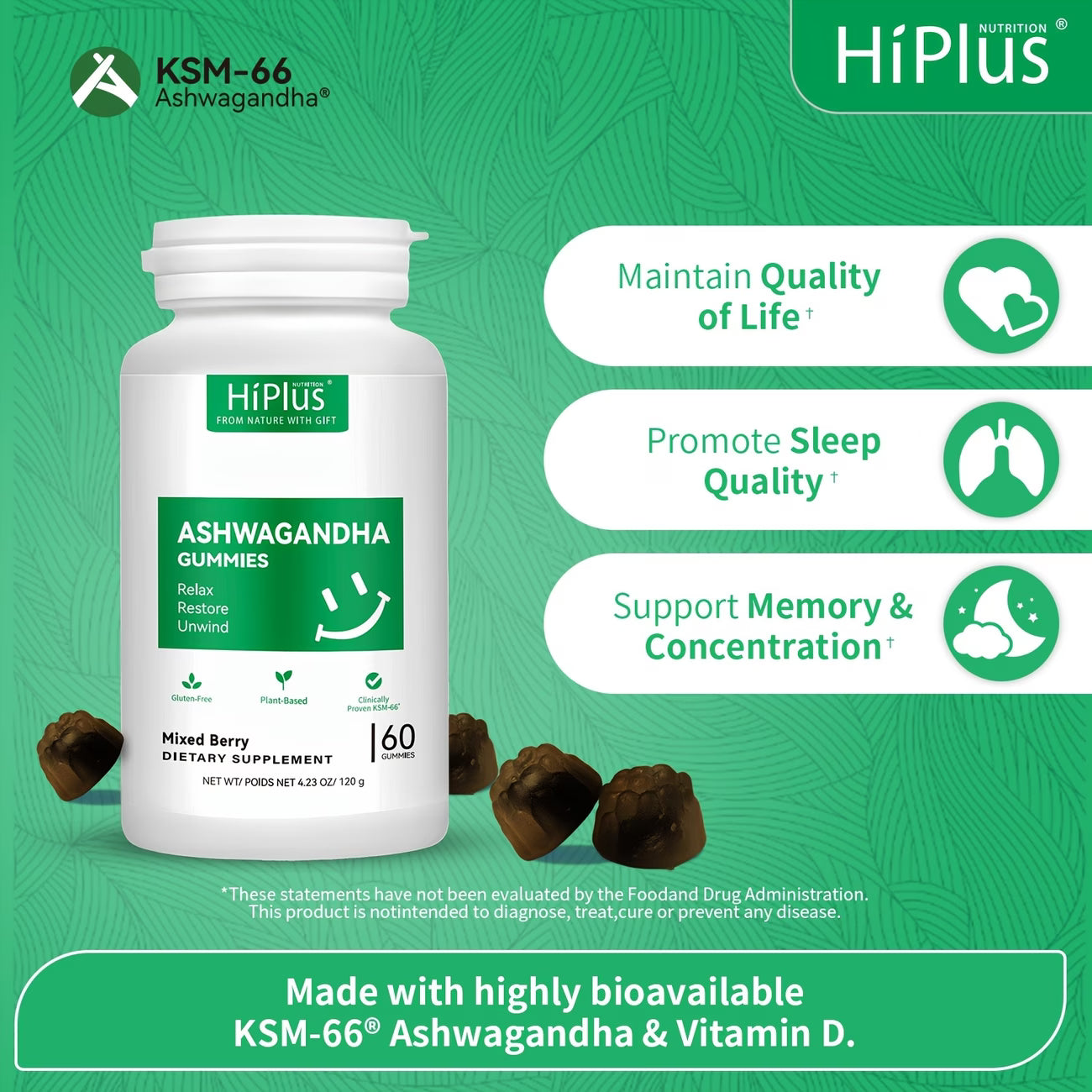 HiPlus Ashwagandha gummies bottle with green background and product benefits listed.