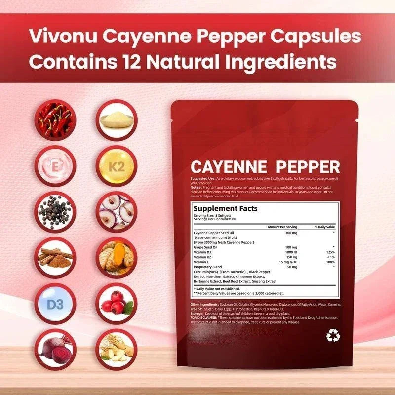 WINYEL Advanced Cayenne Pepper Softgels | D3+K2+Curcumin 240ct Peaceful Pleasures