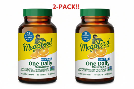 Two amber glass bottles of MegaFood Multivitamin for Men 40+ standing side-by-side to showcase the Double Pack bundle.