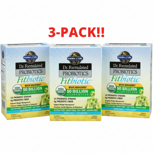 Three boxes of Dr. Formulated Probiotics Fitbiotic with a '3-Pack!' label on a white background.