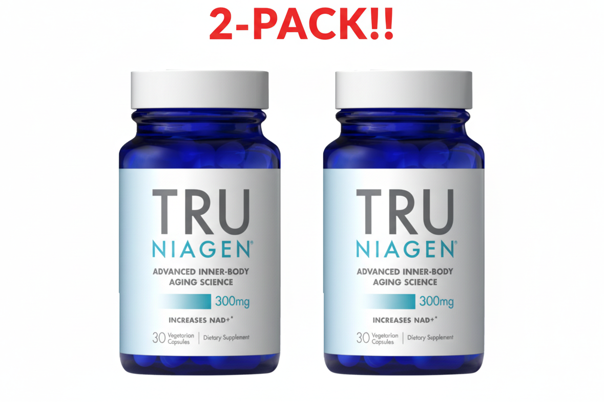 Two bottles of TRU NIAGEN supplements with a '2-Pack!' label on a white background.