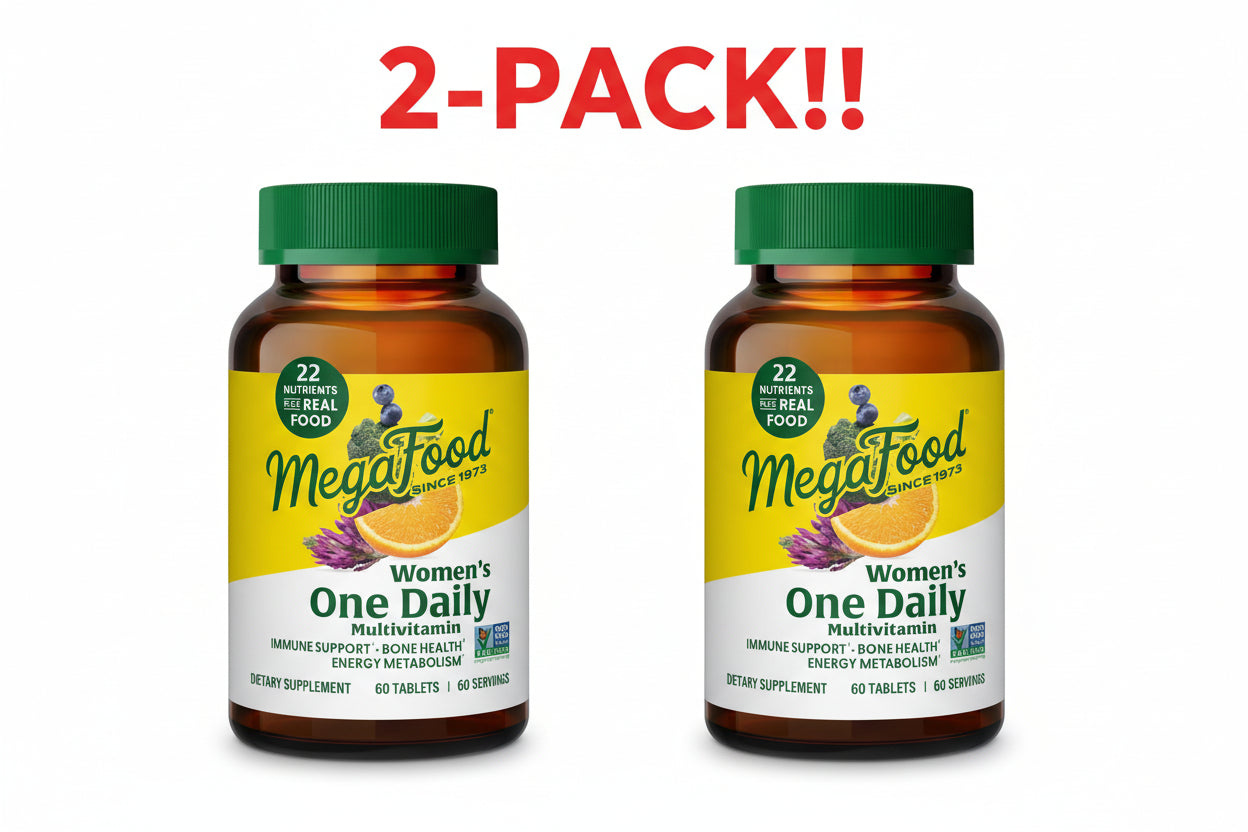 Two bottles of MegaFood Women's One Daily multivitamin with a '2-Pack!' label on a white background.