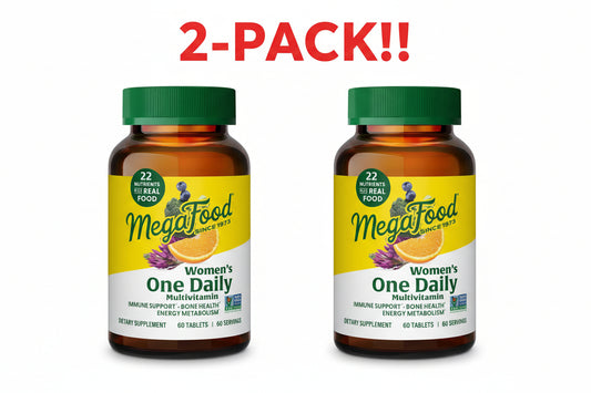 Two bottles of MegaFood Women's One Daily multivitamin with a '2-Pack!' label on a white background.