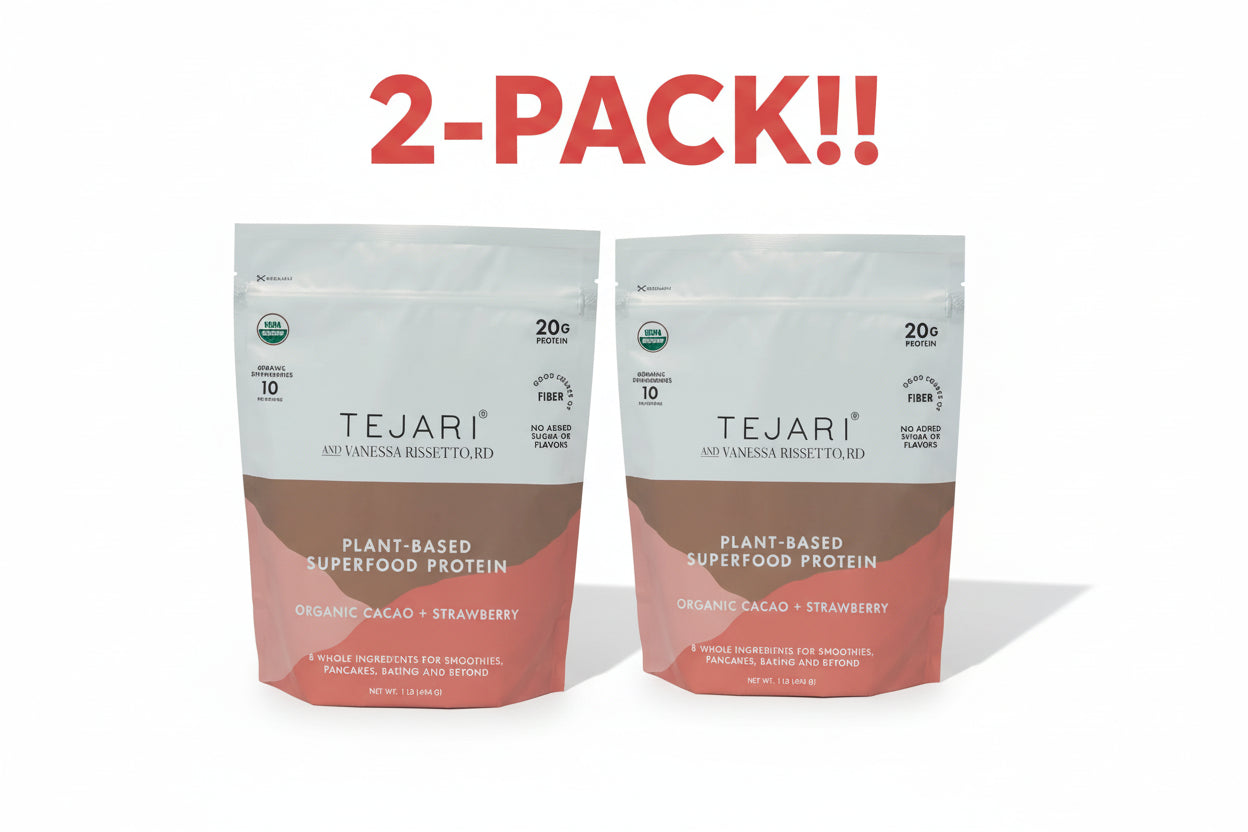 Two pouches of Tejari Organic Cacao + Strawberry Plant Protein Powder standing side-by-side to show the Double Pack bundle.