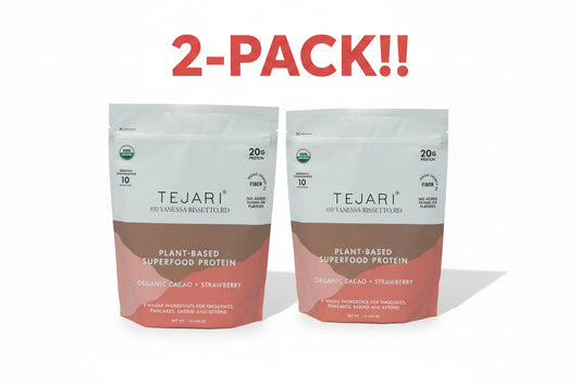 Two pouches of Tejari Organic Cacao + Strawberry Plant Protein Powder standing side-by-side to show the Double Pack bundle.