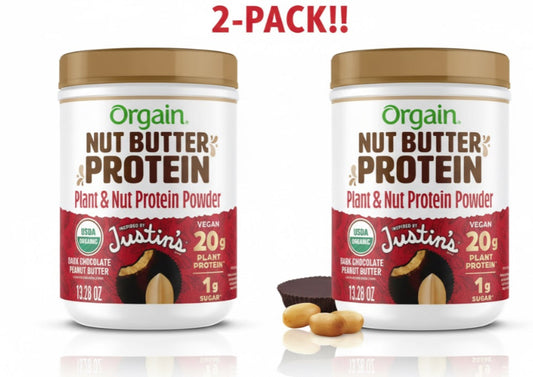 Two jars of Orgain Nut Butter & Protein powder on a white background with '2-Pack!!' text above.