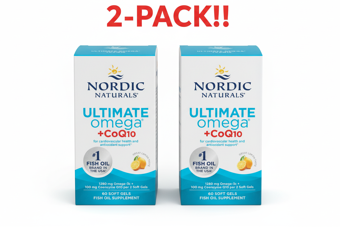 Two boxes of Nordic Naturals Ultimate Omega + CoQ10 on a white background with '2-Pack!!' text.