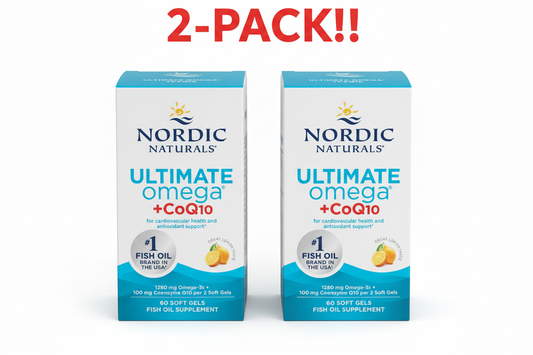 Two boxes of Nordic Naturals Ultimate Omega + CoQ10 on a white background with '2-Pack!!' text.