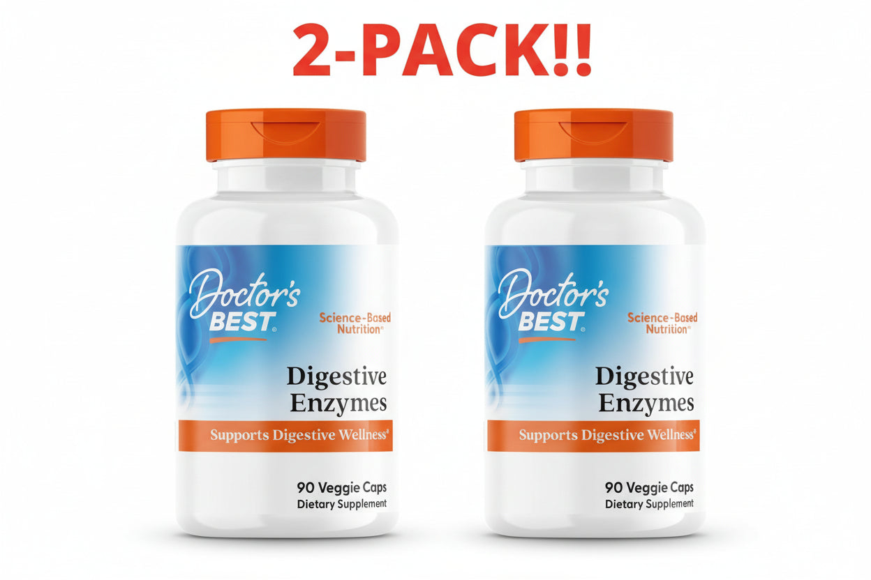 Two bottles of Doctor's Best Digestive Enzymes on a white background with '2-Pack!' text.