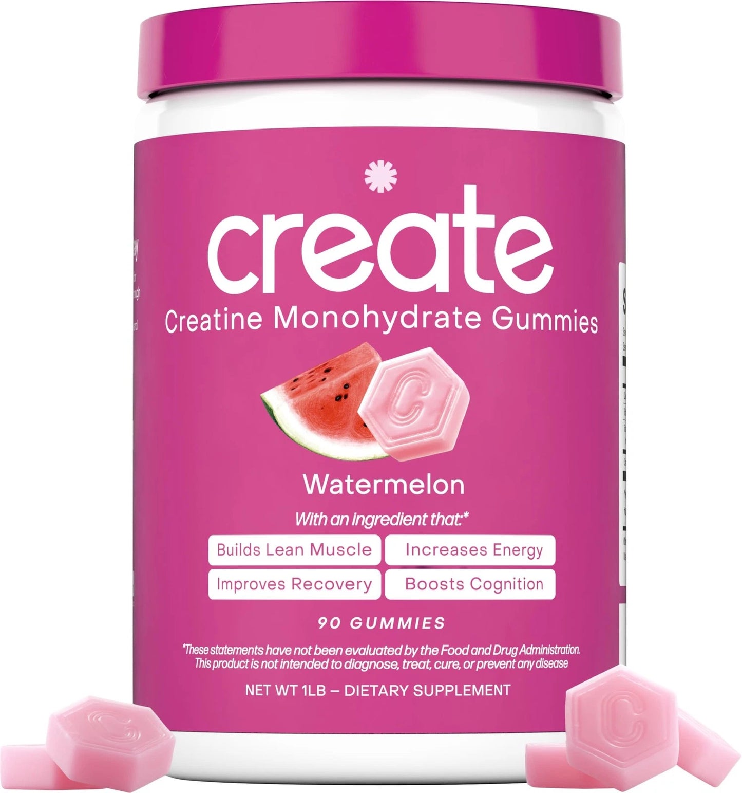 Pink container of 'create' Creatine Monohydrate Gummies with watermelon flavor on a white background
