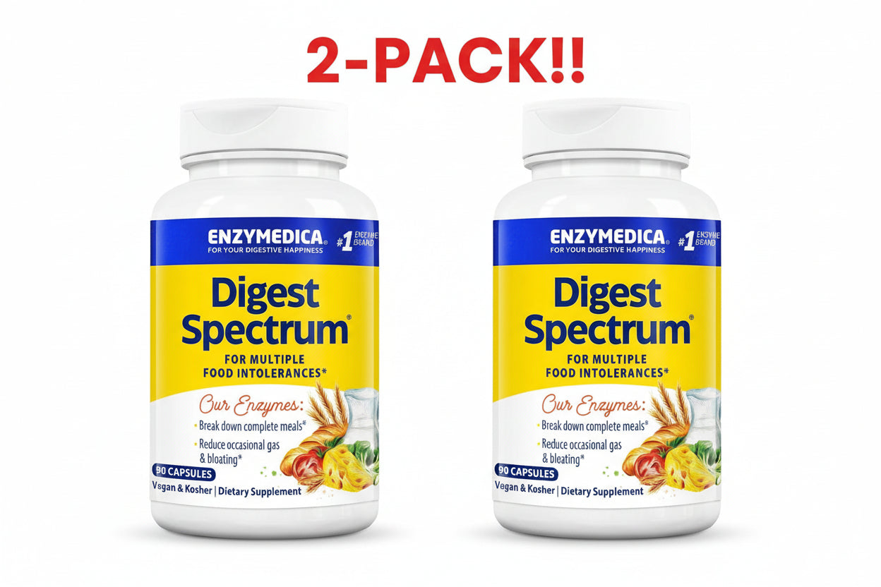 Two bottles of Enzymedica Digest Spectrum supplement with a '2-Pack!!' label on a white background.