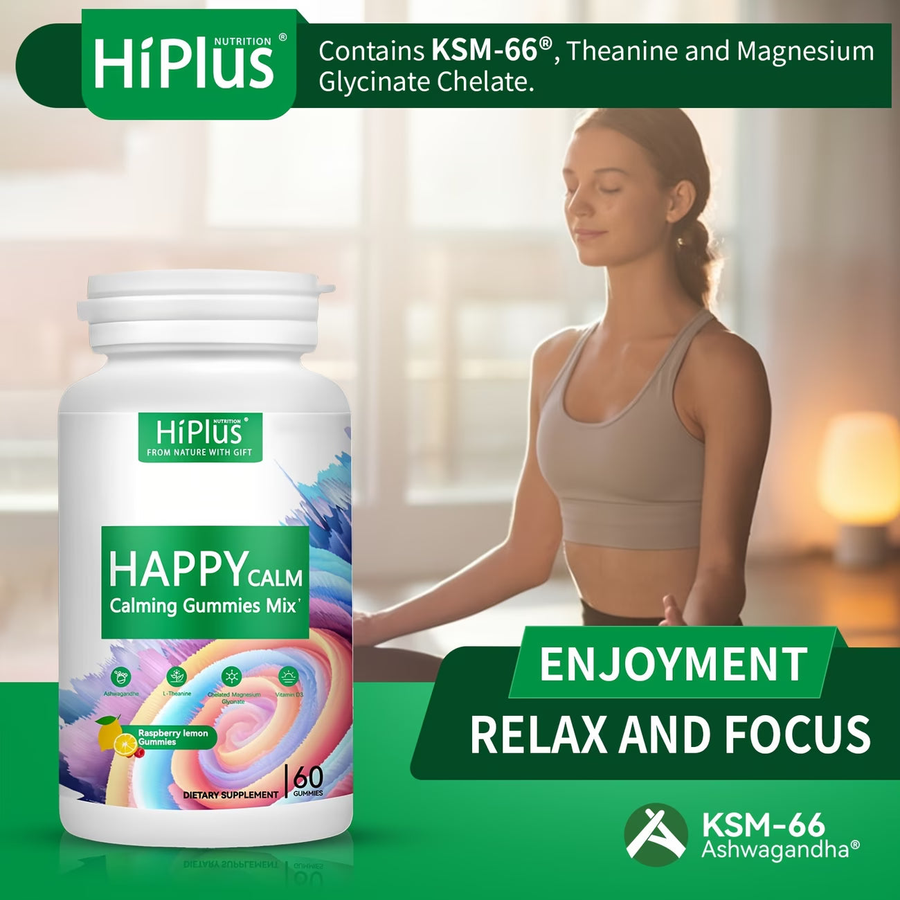 HiPlus Happy Calm gummies mix bottle with a woman in a sports bra and leggings in the background.