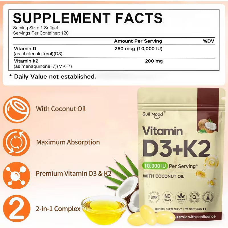 Vitamin D3+K2 supplement packaging with supplement facts label on a light pink background
