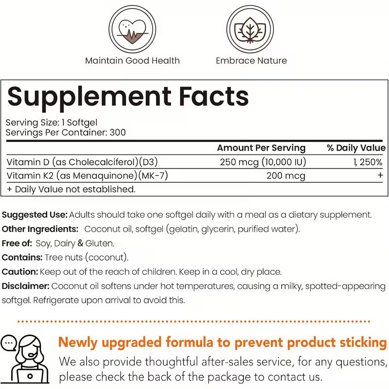 Vitamin K2 D3 Supplement 300 Softgels | 10,000 IU D3 + K2 Peaceful Pleasures
