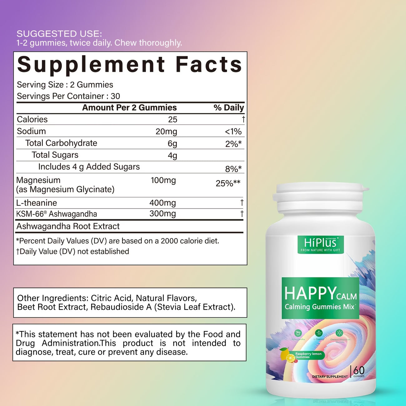 Supplement facts label and bottle of Happy Calm gummies mix on a gradient background