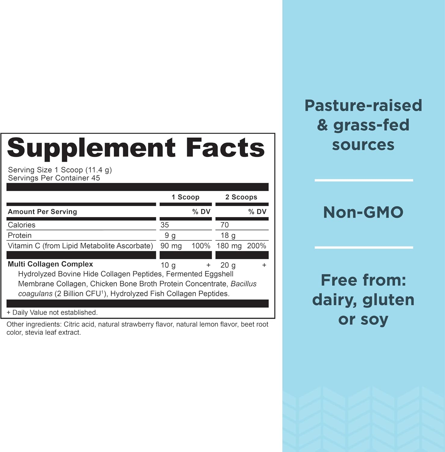 Supplement facts label with nutritional information and product features on a white background.