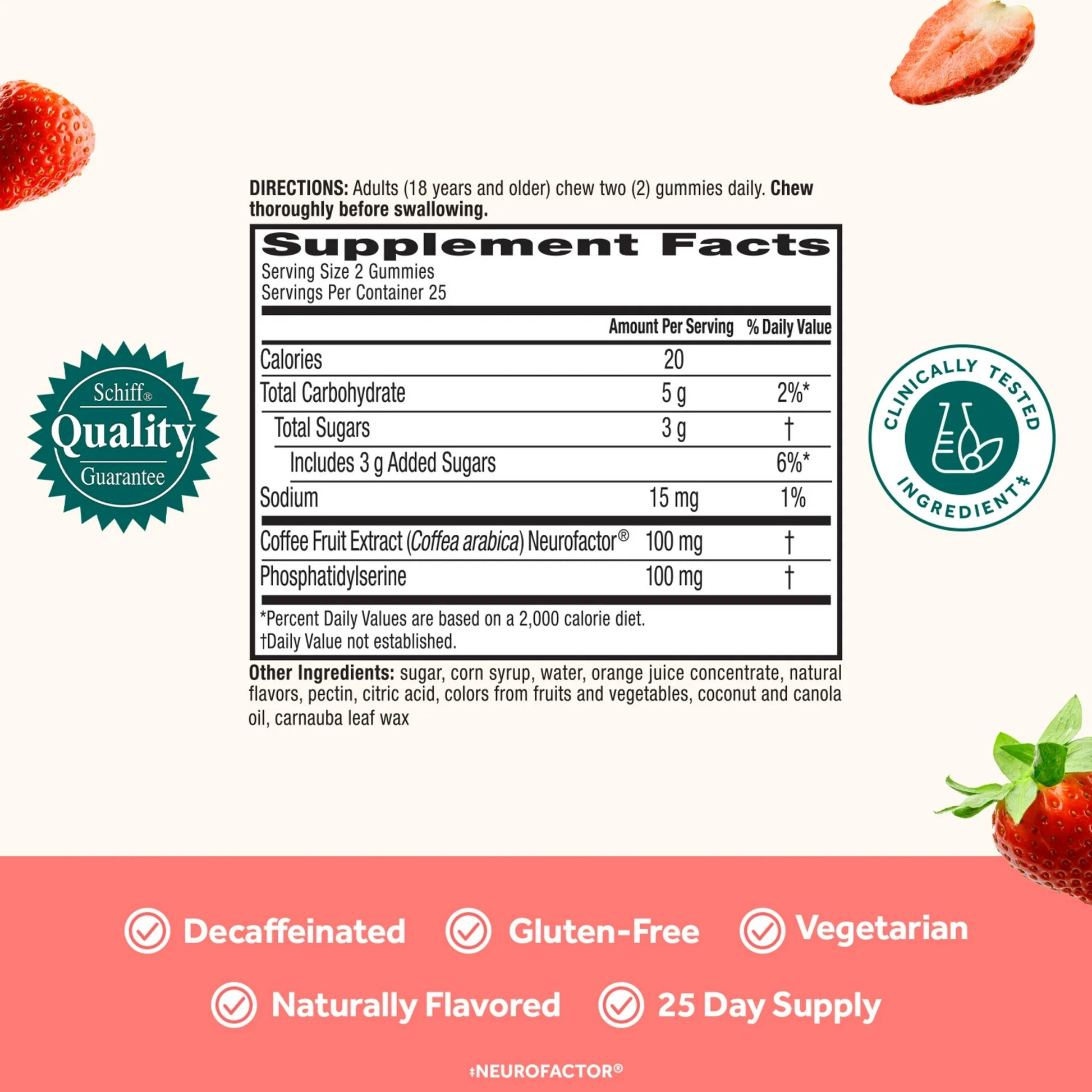 Supplement facts label with strawberry graphics and product details on a white background
