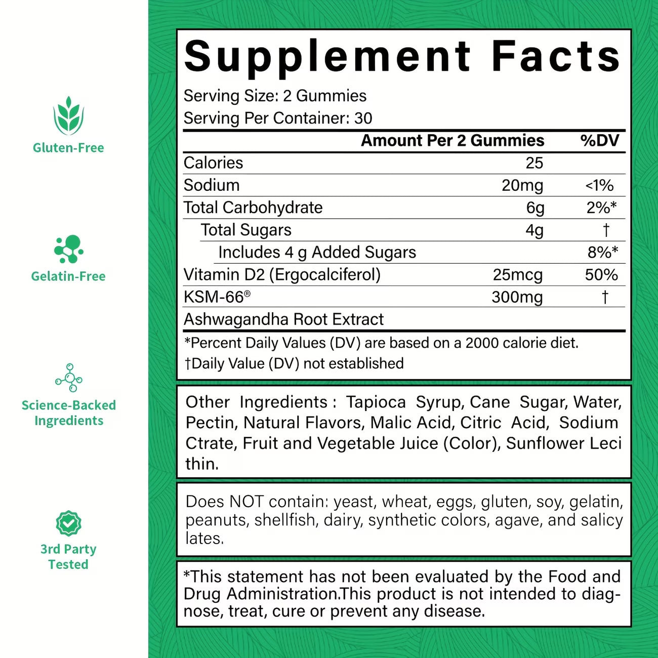 Supplement facts label for gummy vitamins with green border and white background