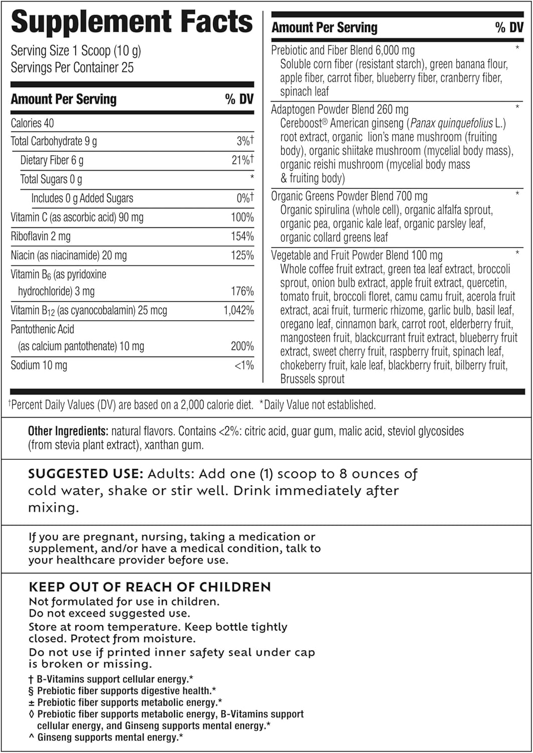 Supplement label with detailed nutritional information and usage instructions.