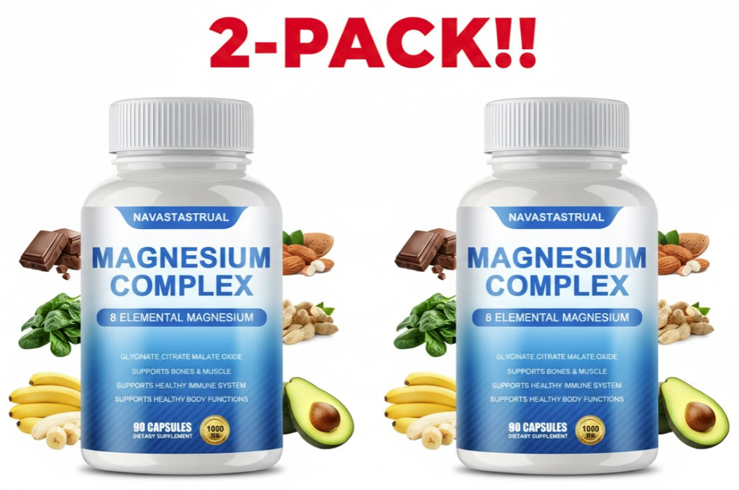 Two bottles of Navasastrual Magnesium Complex with ingredients and '2-Pack' text on a white background.