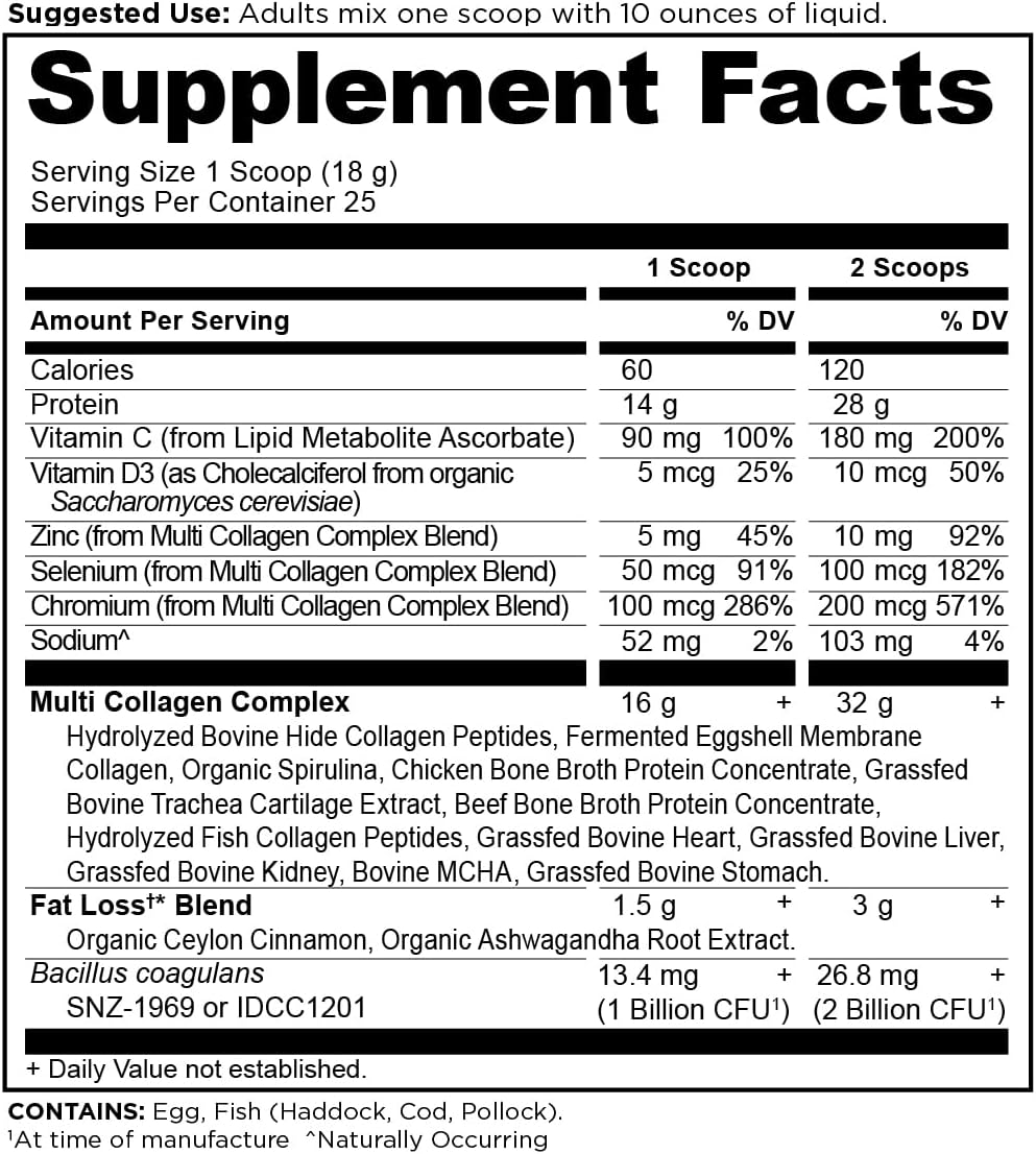 Supplement facts label for a multi collagen complex supplement.