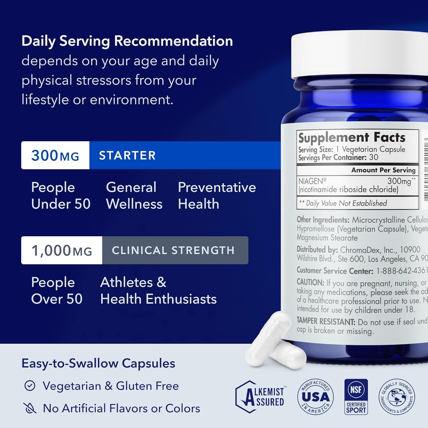 Supplement bottle with label and text about daily serving recommendations on a blue and white background