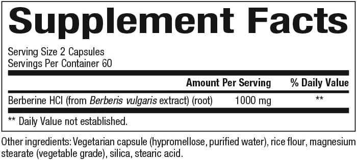 Supplement facts label with Berberine HCI from Berberis vulgaris extract on a white background