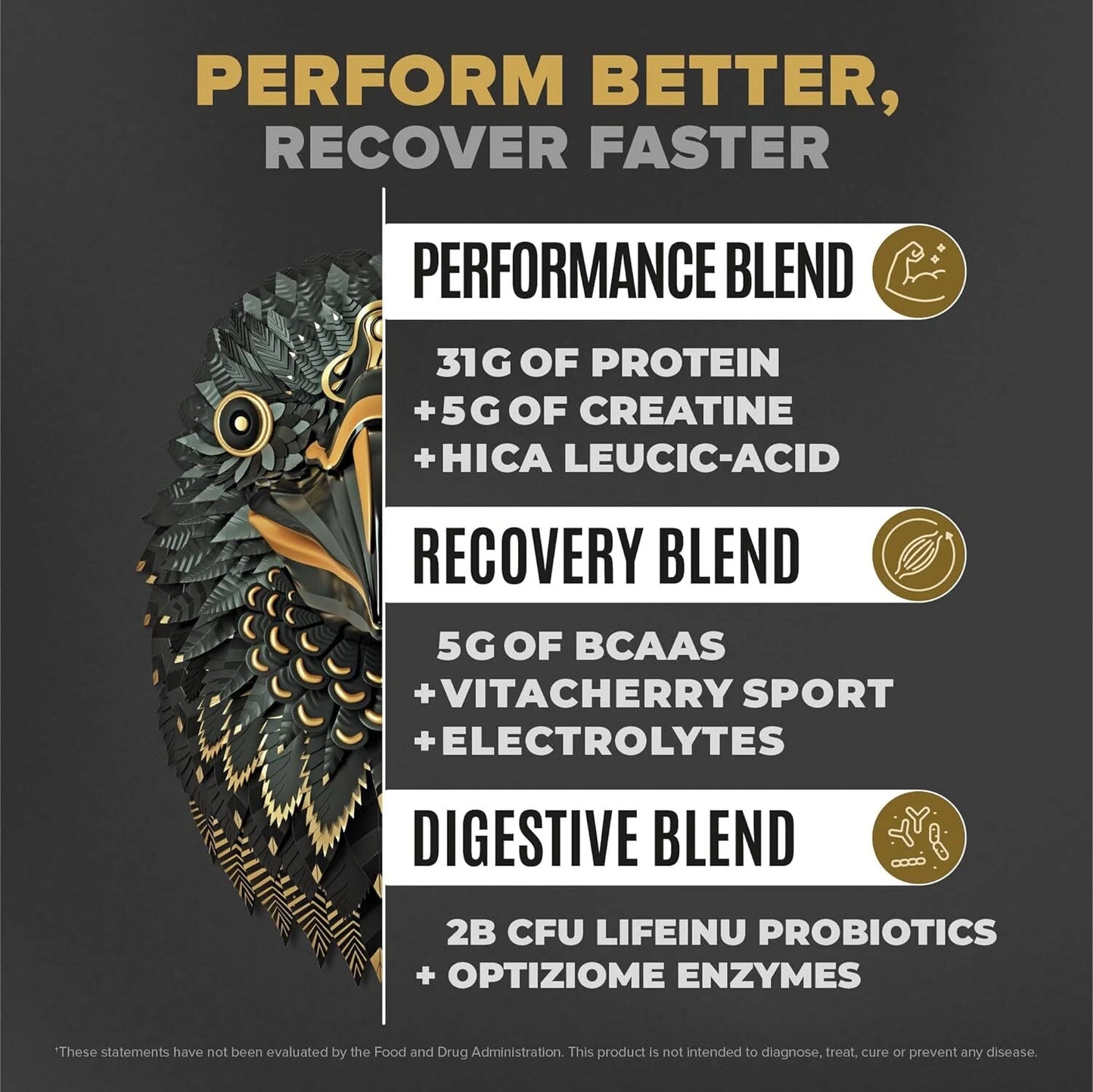 Product label for a supplement blend with performance, recovery, and digestive benefits on a dark background.