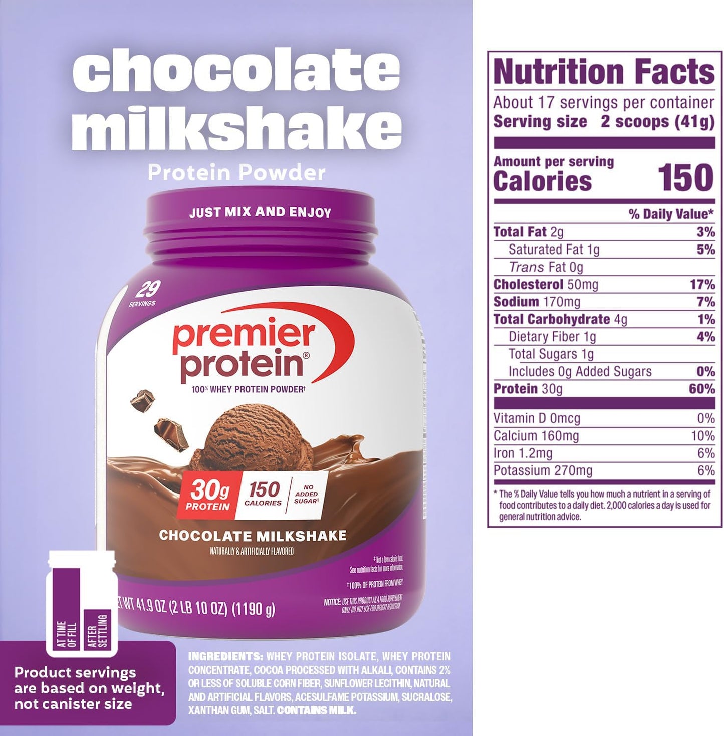 Premier Protein chocolate milkshake protein powder container with nutrition facts label on a purple background