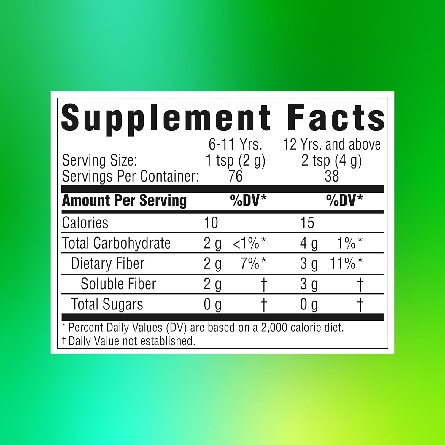 Supplement facts label on a gradient green background