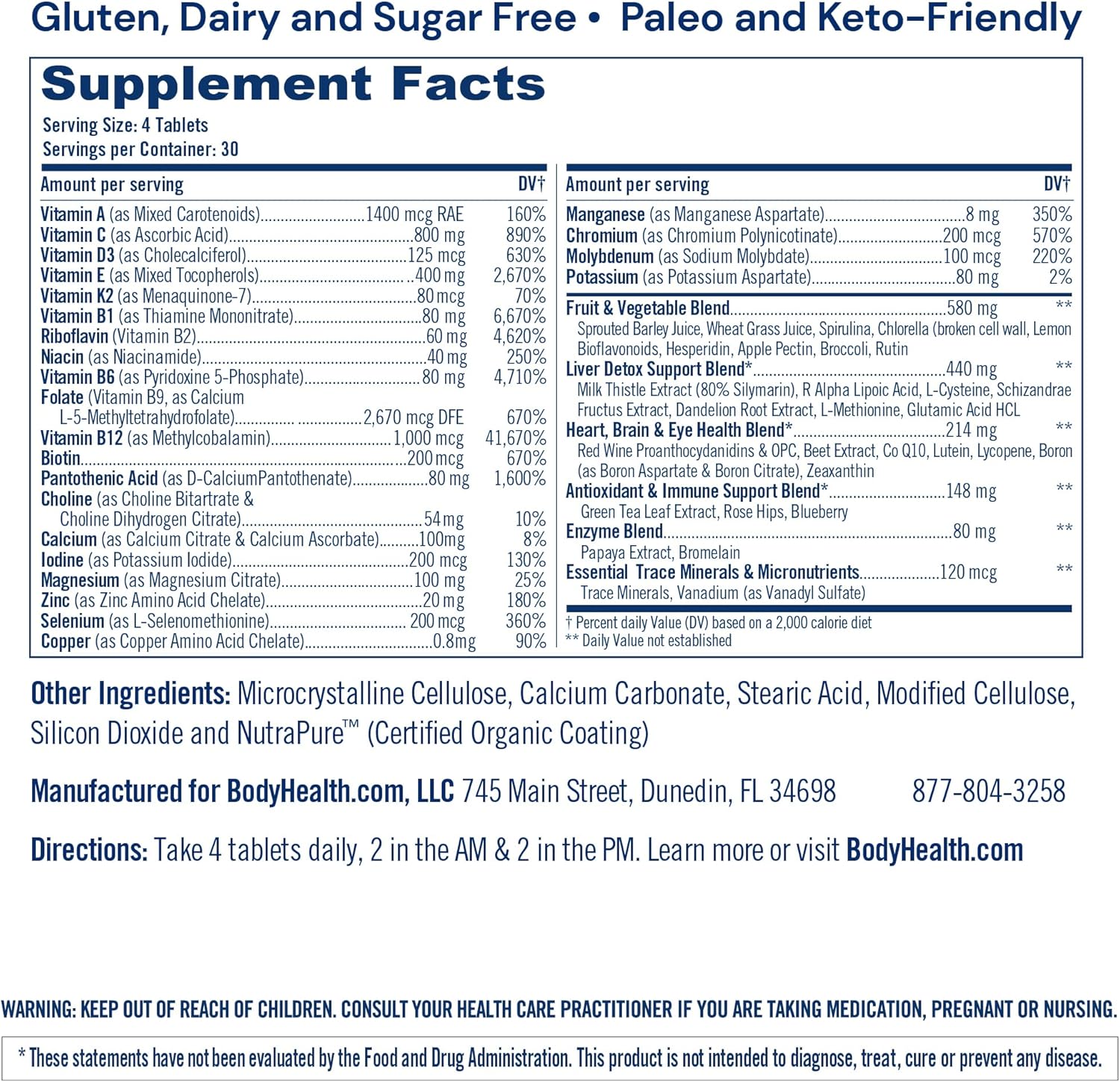 Supplement facts label for a gluten, dairy, and sugar-free product with serving size and ingredient details.