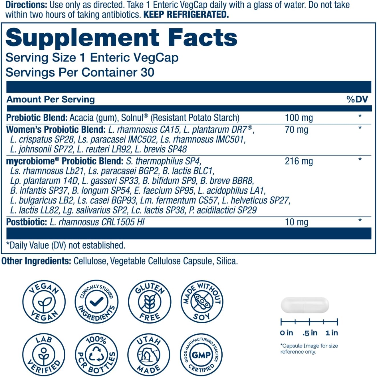 Supplement label with detailed ingredient list and branding icons on a white background