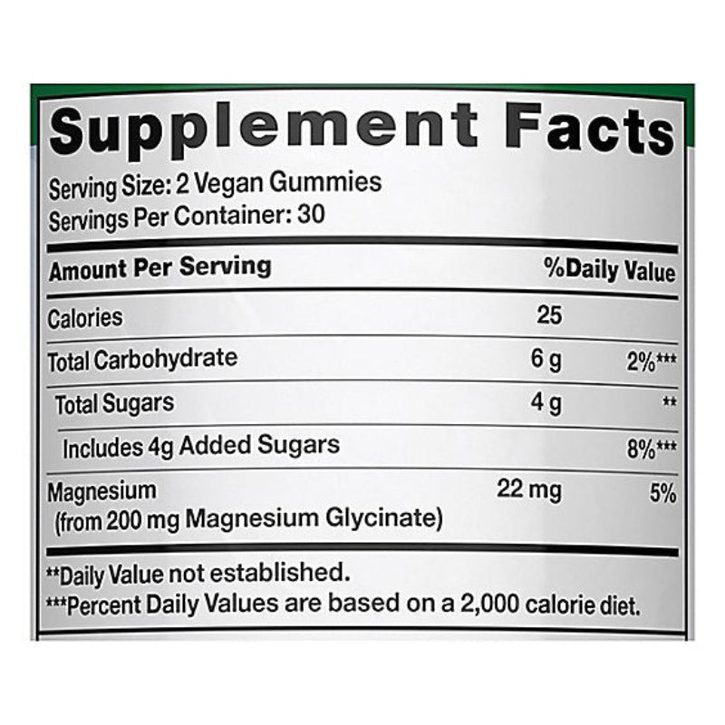 Supplement facts label for vegan gummies on a white background