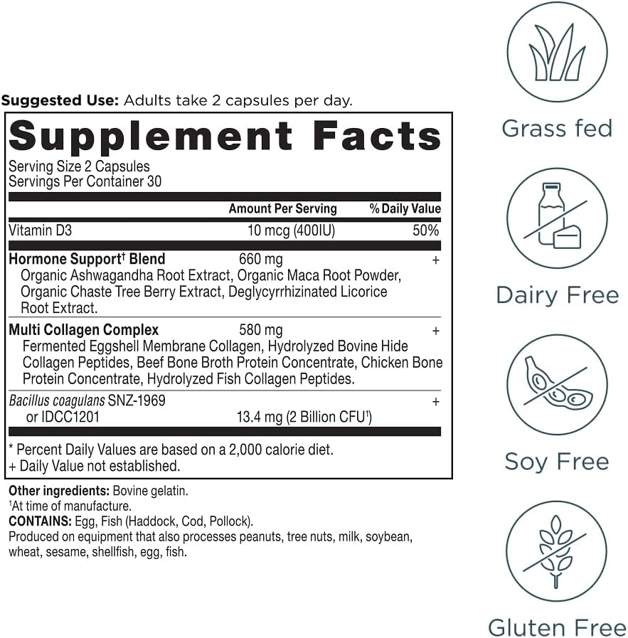 Supplement label with facts and icons indicating grass fed, dairy free, soy free, and gluten free.