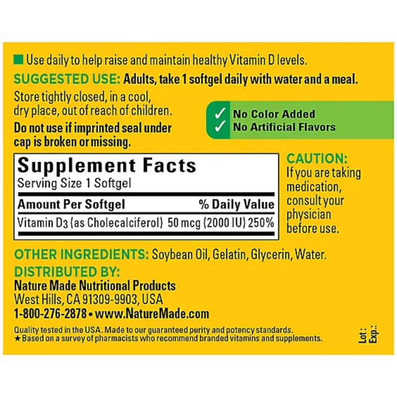 Nature Made Vitamin D3 2000 IU Softgels - 250 Count Nature Made Vitamin D 2000 Iu Softgel Value Size - 250 Count