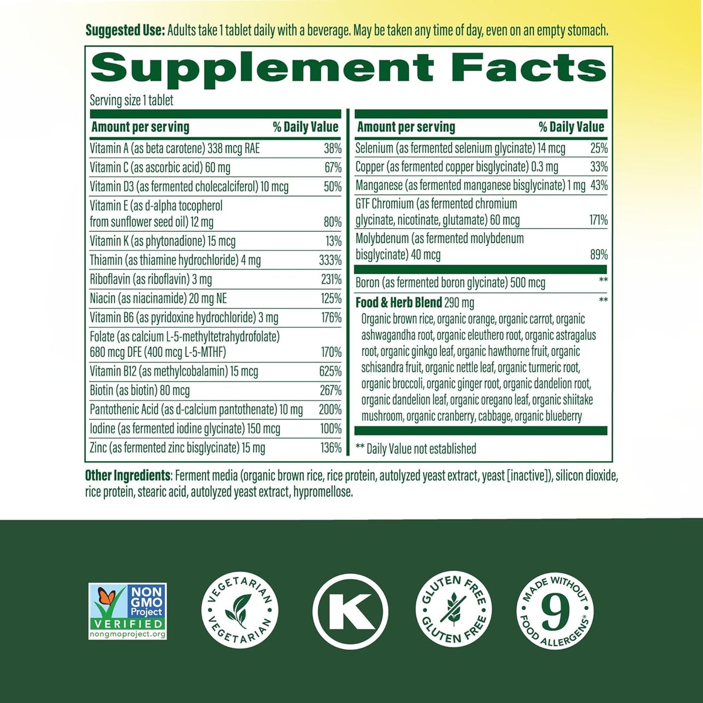 Supplement facts label with various nutrients listed on a green background