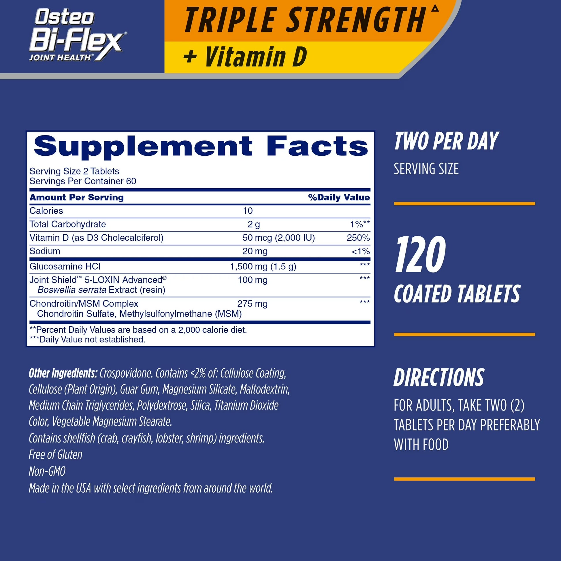 Osteo Bi-Flex supplement label with supplement facts and directions on a blue background