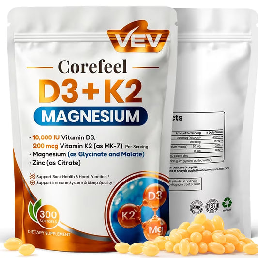 VEV Vitamin D3 K2 10,000IU + Magnesium | 300 Softgels Peaceful Pleasures