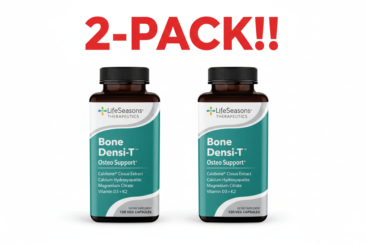 Two bottles of LifeSeasons Therapeutics Bone Densi-T on a white background with red text indicating a 2-pack offer.