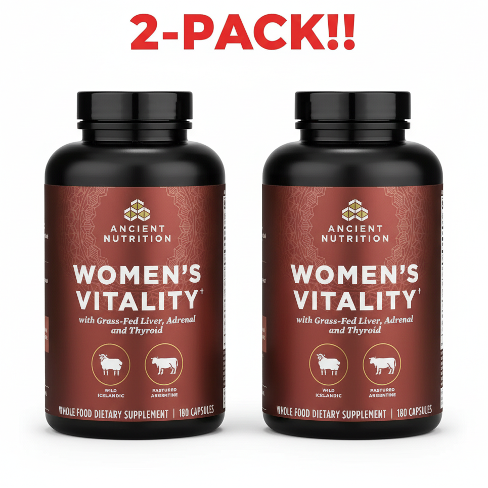 Two bottles of Ancient Nutrition Women's Vitality supplement on a white background with '2-Pack!!' text.