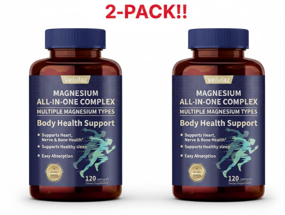 Two bottles of magnesium supplement with blue labels on a white background