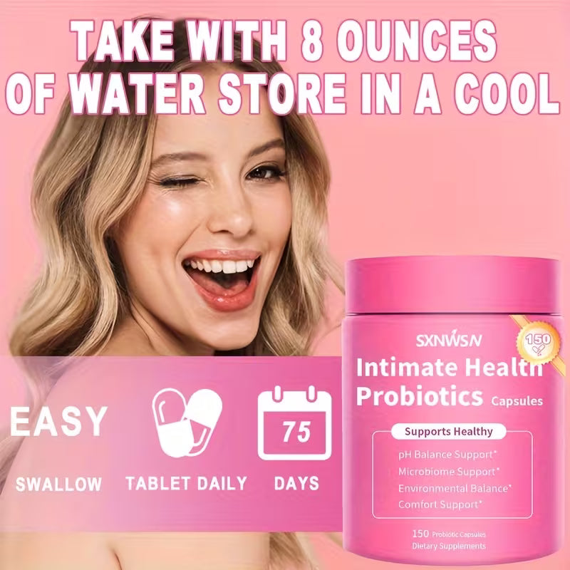 Pink container of intimate health probiotics with a smiling woman on a pink background